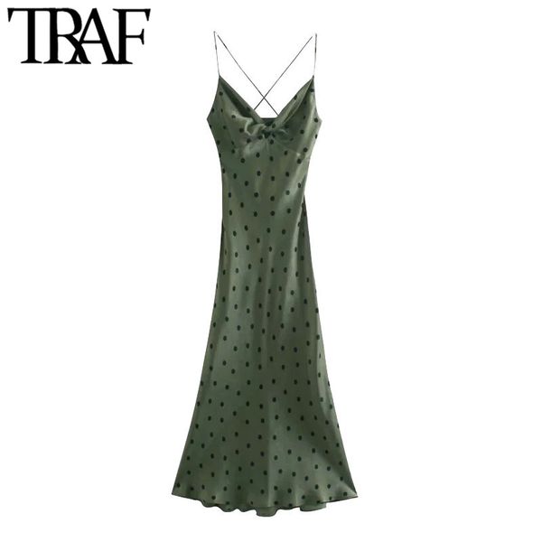 

traf women chic fashion with knot polka dot midi dress vintage backless cross thin straps female dresses vestidos mujer 220331, Black;gray