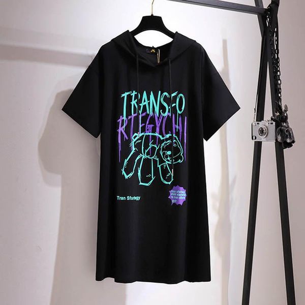 

plus size dresses 150kg women's summer loose hooded bear t-shirt dress bust 157cm 6xl 7xl 8xl 9xl 10xl short-sleeved letter, Black
