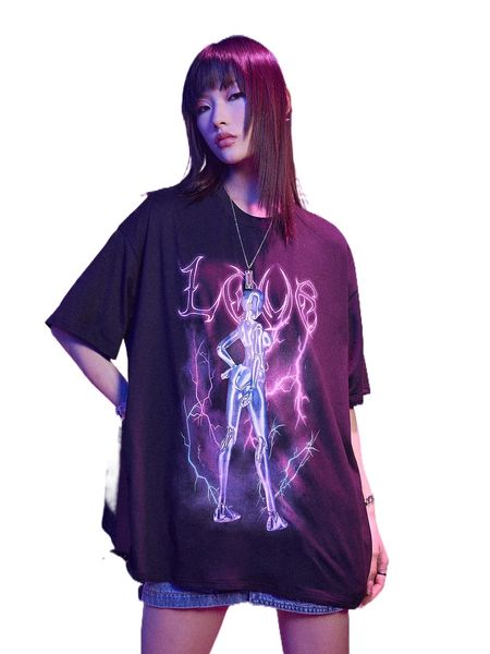

romwe cyber luvr letter figure graphic drop shoulder tee s0sd#, White