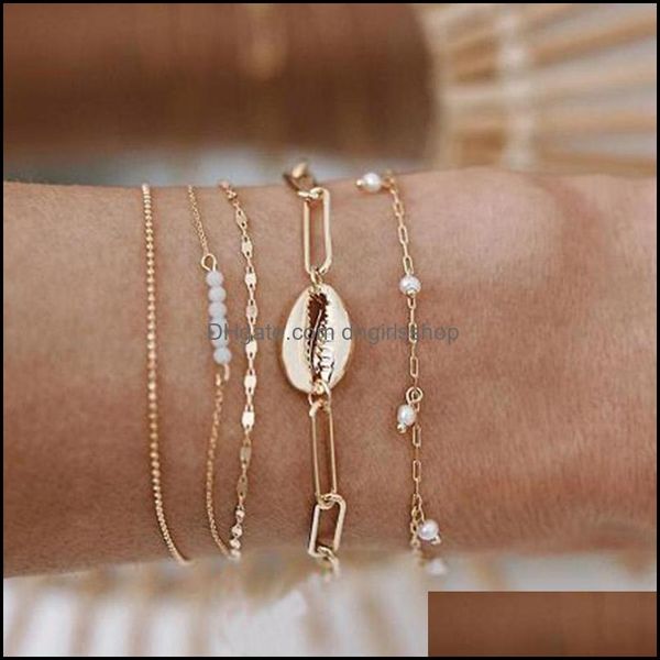 

link chain bracelets jewelry 5 pcs/ set women fashion beach shell beads gold mtilayer charm simple pendant bracelet drop dhhvb, Black