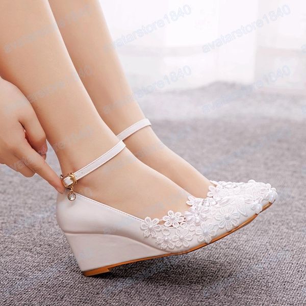 White Lace Pearl Rhinestone Women Wedges Plata