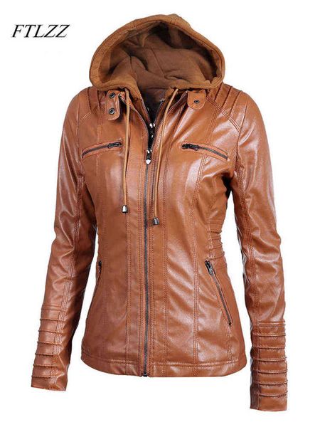 Ftlzz Novas mulheres jaqueta de couro Faux PU Motocicleta Capuz de capuz de capuz destacável Couro casual 5xl Punk Outerwear L220728