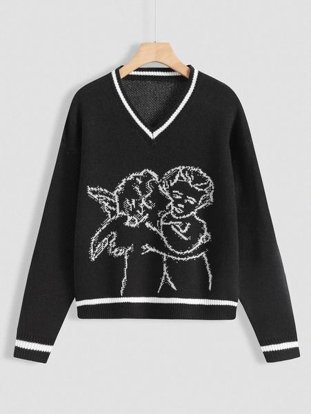 

v neck figure pattern sweater r4j8#, White;black