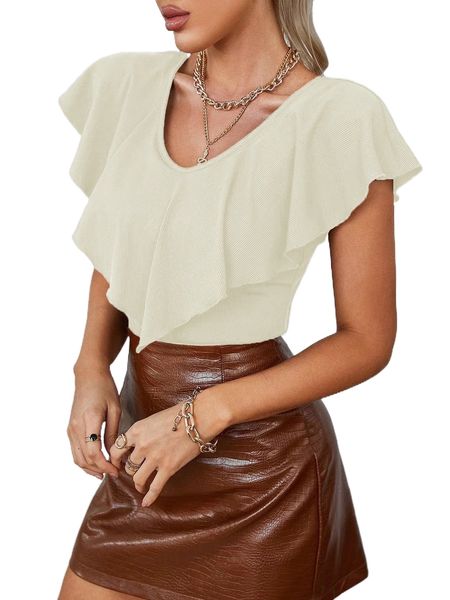 

ruffle trim v neck solid tee q1ow#, White