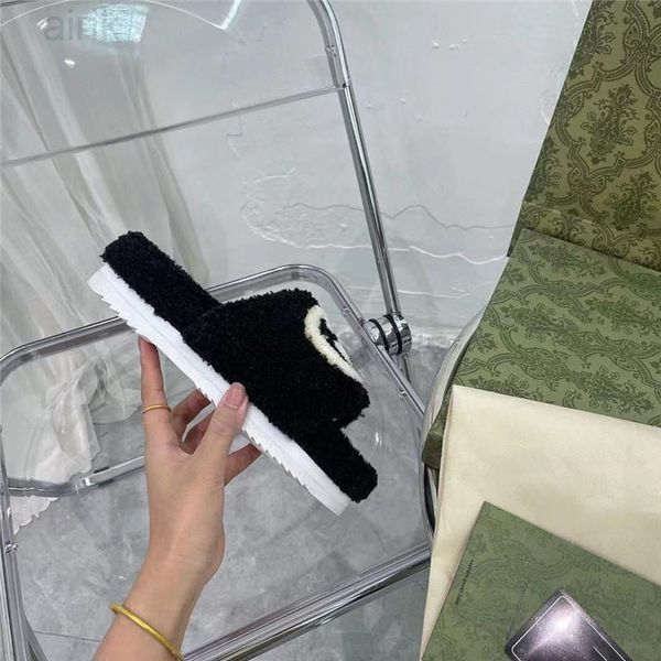 

designer slippers luxury women brand home shoes fall winter ladies flip-flops fluffy furry letter pink white embroidered flats, Black
