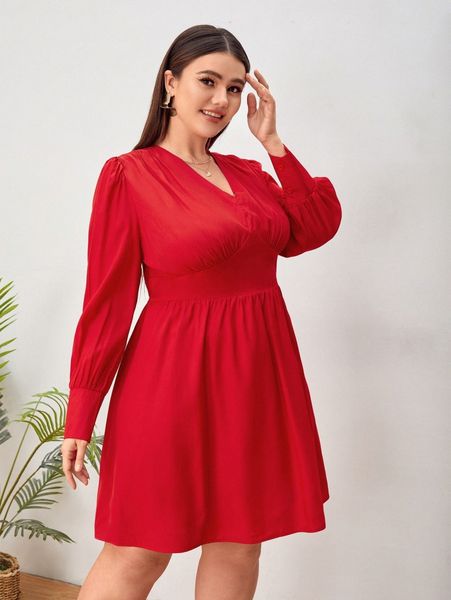 

plus solid puff sleeve dress g0er#, Black