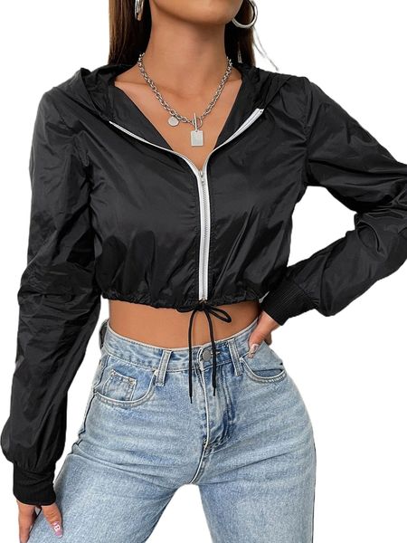

zip up hooded crop jacket p7yt#, Black;brown
