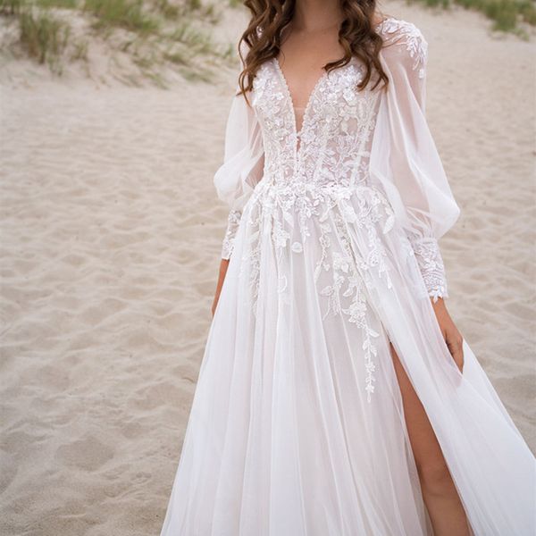 Элегантное свадебное платье русалки с длинным рукавами глубоко v шея элегантные стильные аппликации кружево длина пола длина полого бокового разреза