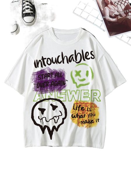 

men slogan & cartoon face print tee 45tl#, White;black