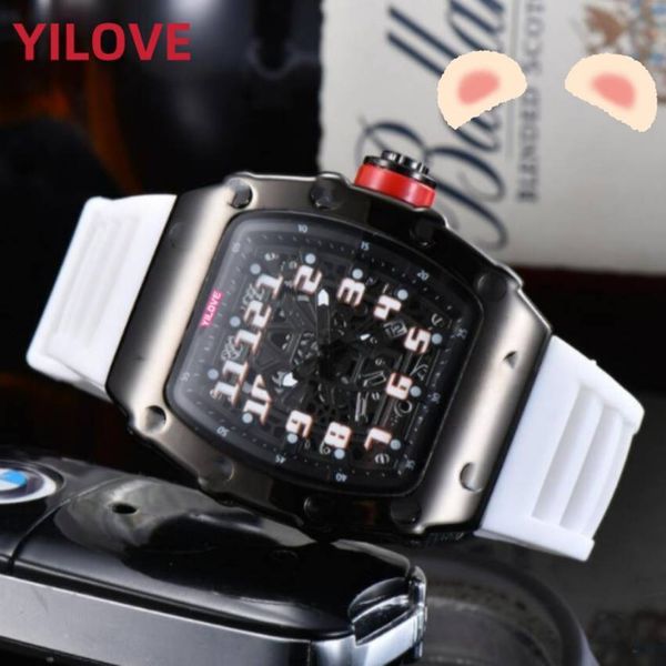 Top Quality Men 43MM Watch Full Function Stopwatch Fashion Clock Stainless Steel Case Quartz Movement Calendar Sports Style Rubber Strap Trend Wristwatches