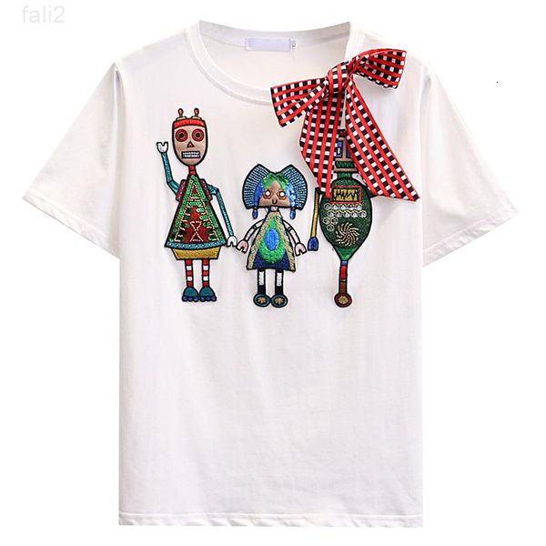 

luxurious women embroidery sequins cartoon t shirt lady o-neck short sleeve bow cotton casual tshirt summer female 210524, White