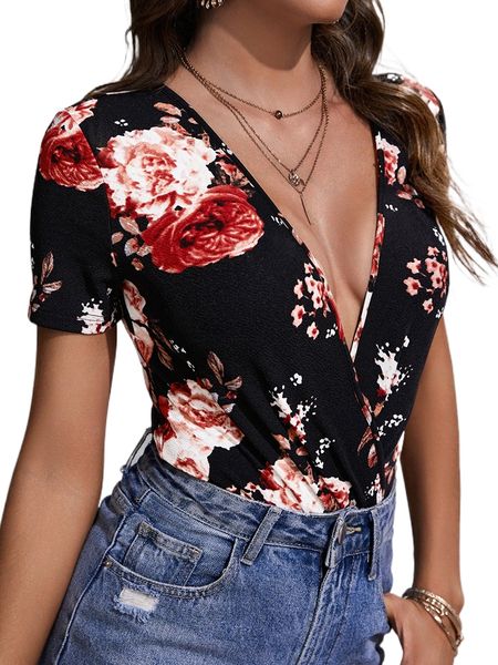 

floral print surplice neck bodysuit i6rw#, White