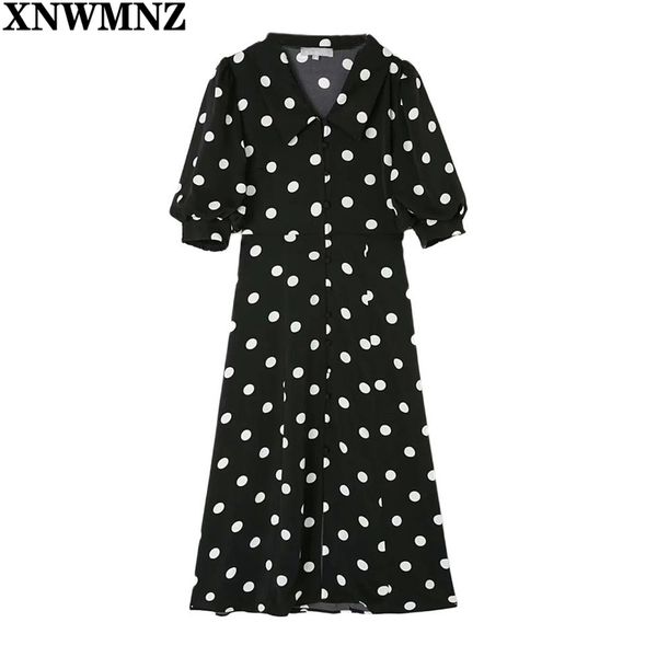 

xnwmnz white dot print chiffon black midi dress retro turn down collar dresses short sleeve vestidos singlebreasted robe 210513, Black;gray