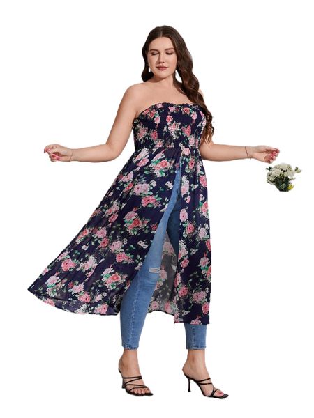 

plus floral print frill shirred bodice chiffon f9wq#, Black
