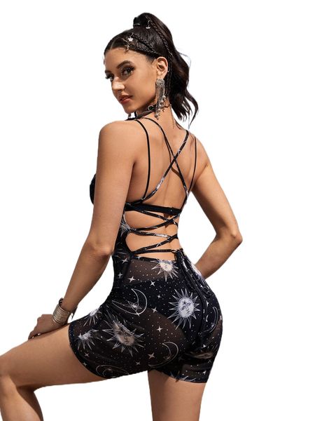 

graphic print lace up mesh unitard romper y1ee#, Black;white