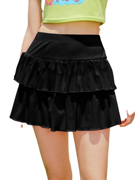 

romwe y2k revival ruffle layered hem skirt f6rh#, Black