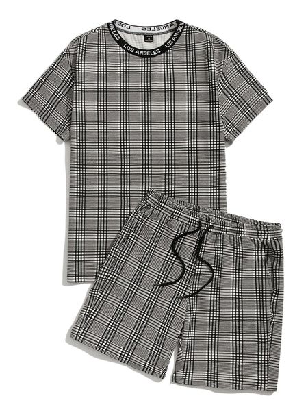 

men plaid letter tape tee & drawstring waist shorts set 56vq#, Gray