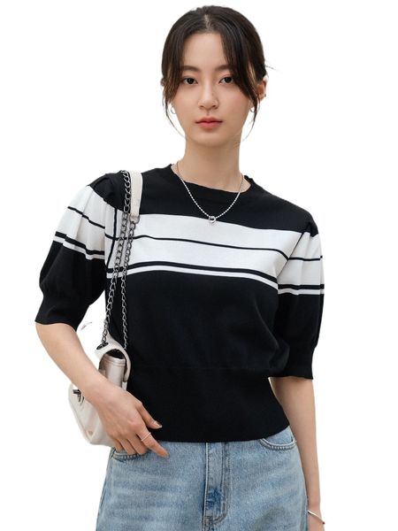 

dazy-less striped pattern puff sleeve knit 98xe#, White;black