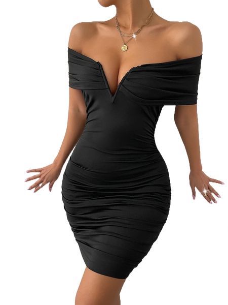 

off shoulder ruched bodycon dress u7ce#, Black;gray