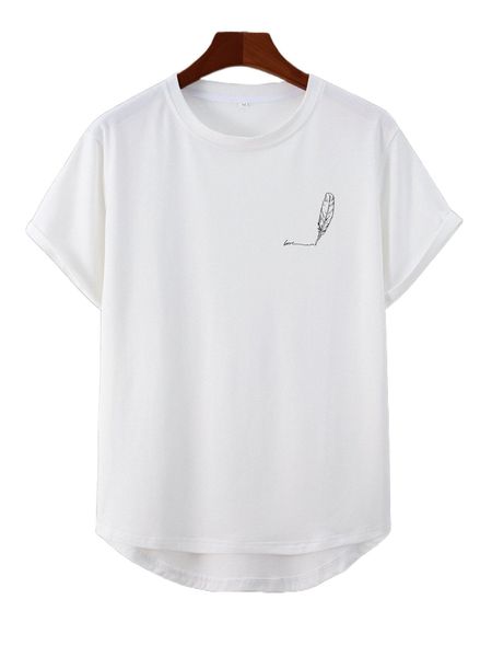 

men letter & feather print curved hem tee a3ii#, White;black