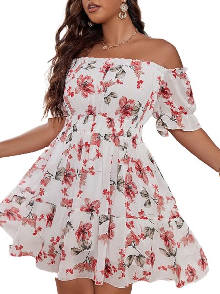

plus floral print off shoulder flounce sleeve ruffle hem chiffon dress u0el#, Black