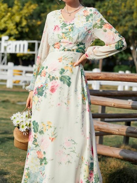 

floral print bishop sleeve a-line dress m0bu#, Black;gray