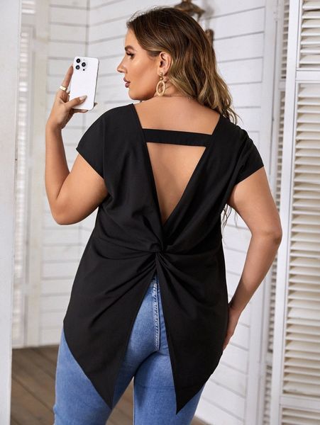 

plus twist back cut out asymmetrical hem blouse h5bh#, Black