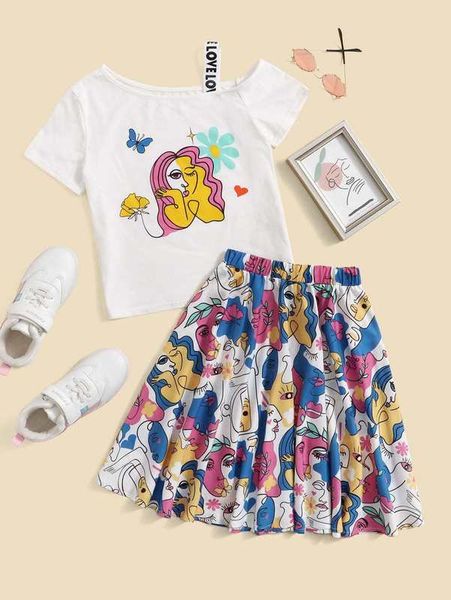 

girls butterfly & abstract figure graphic asymmetrical neck tee & skirt she, White