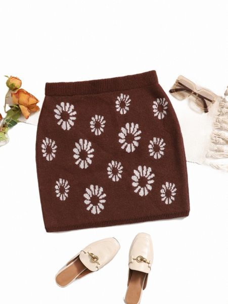 

plus floral pattern knit skirt m6pu#, Black