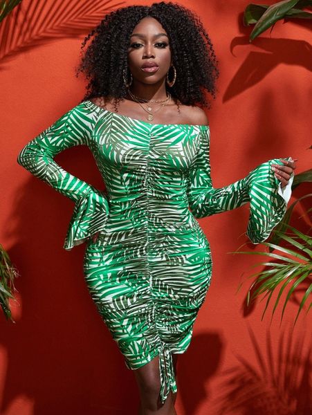 

sxy off shoulder tropical print ruched drawstring bodycon dress z4l5#, Black;gray