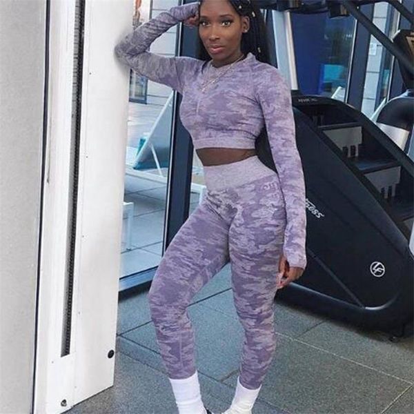 

yoga set women seamless camouflage long sleeves high waist leggings fitness sport gym camo suits tight workout pants t200115, Gray