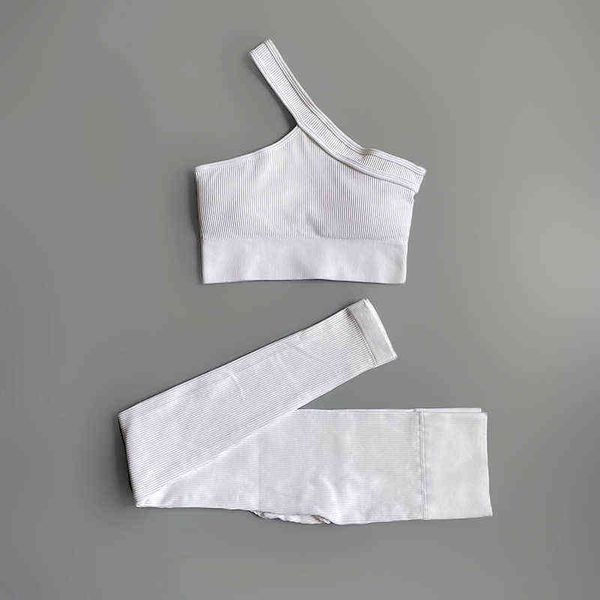 

gym sportswear set one shoulder crop high waist leggings ribbed two piece set workout clothes for women yoga wear t220725, White;red
