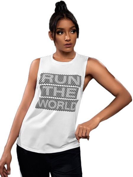 

striped & slogan graphic sports tank z29s#, Gray