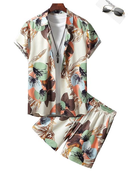 

men random tropical print shirt & drawstring waist shorts without tee e7u9#, Gray