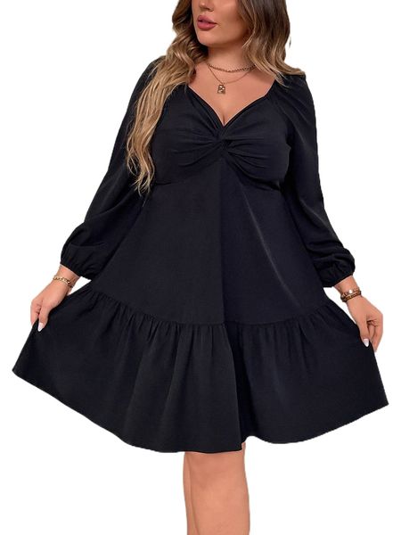 

plus twist front ruffle hem dress f6ht#, Black