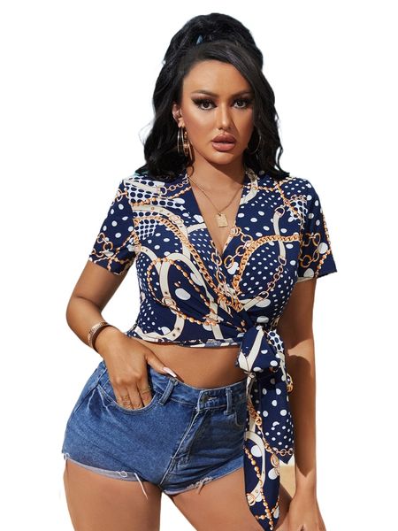 

sxy polka dot & chain print wrap crop blouse q1dj#, White