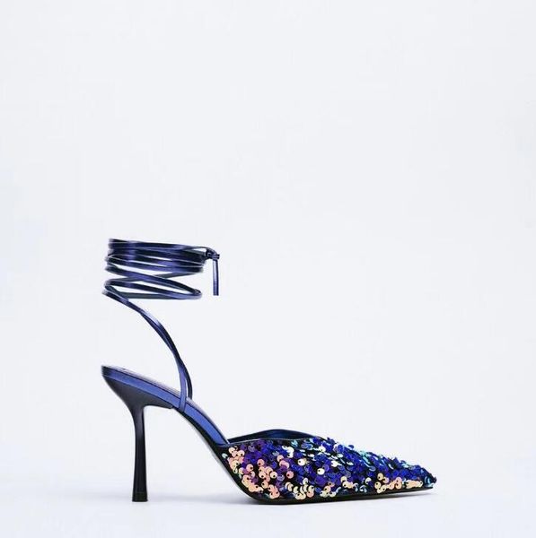 

sandals women's dress shoes summer high heels glitter pointed toes lace-up stiletto fashion plus size party woman, Black