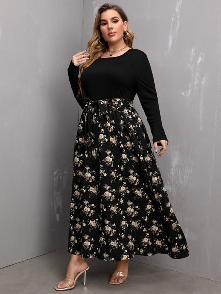 

plus floral print maxi belted dress s6lm#, Black