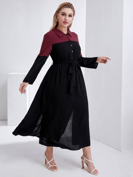 

plus colorblock split hem belted shirt dress u3vo#, Black