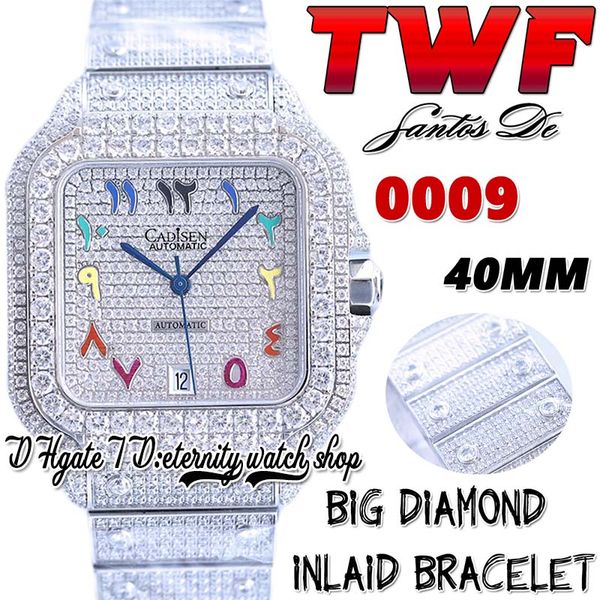 TWF tw0009 Japan Miyota Automatik-Herrenuhr, Diamanten-Lünette, vollständig vereistes Diamant-Zifferblatt, Regenbogen-Arabische Markierungen, Edelstahl-Armband, Super Edition-Ewigkeitsuhren