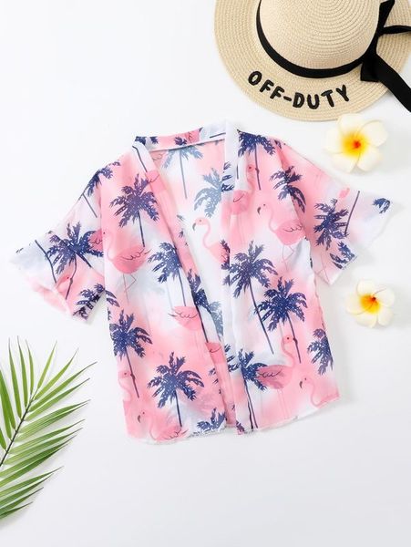 

toddler girls palm tree print kimono she, White;black