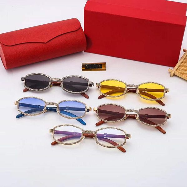 2024 Damen-Designer-Sonnenbrille für Herren, kleiner Rahmen, oval, einzigartig, goldfarbenes Metall, Holz, Vintage-Stil, kreisförmige Mitte, exquisite handgefertigte Kette, flacher Lichtspiegel