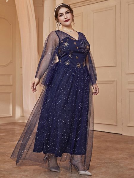 

plus rhinestone star print mesh prom dress j6oa#, Black