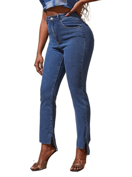 

high waisted split hem curvy jeans q4in#, Blue