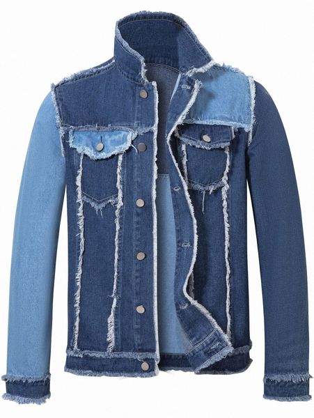 

men color block raw hem denim jacket y8dk#, Black;brown