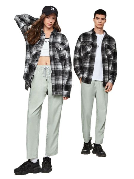 

1pc drawstring waist button side pants v7m7#, Black