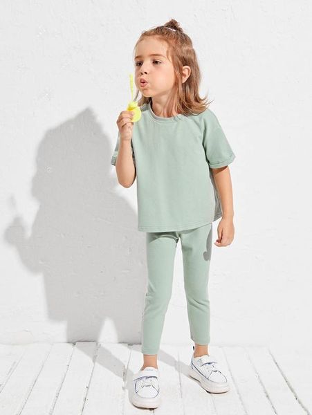 

b toddler girls solid roll up sleeve tee & leggings set she02, White