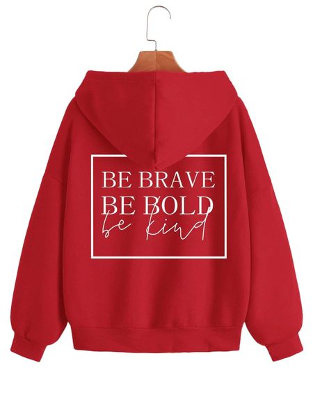 

slogan graphic zip up thermal lined drawstring hoodie k6ak#, Black