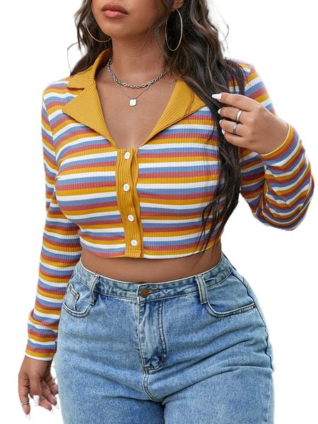 

plus rainbow striped button front crop tee k3ri#, Black
