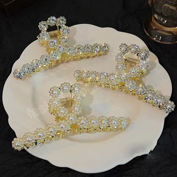 

women simple metal hair claw elegant full diamond pearl flower hair clip femme bath clips fashion girl headwear, Slivery;white
